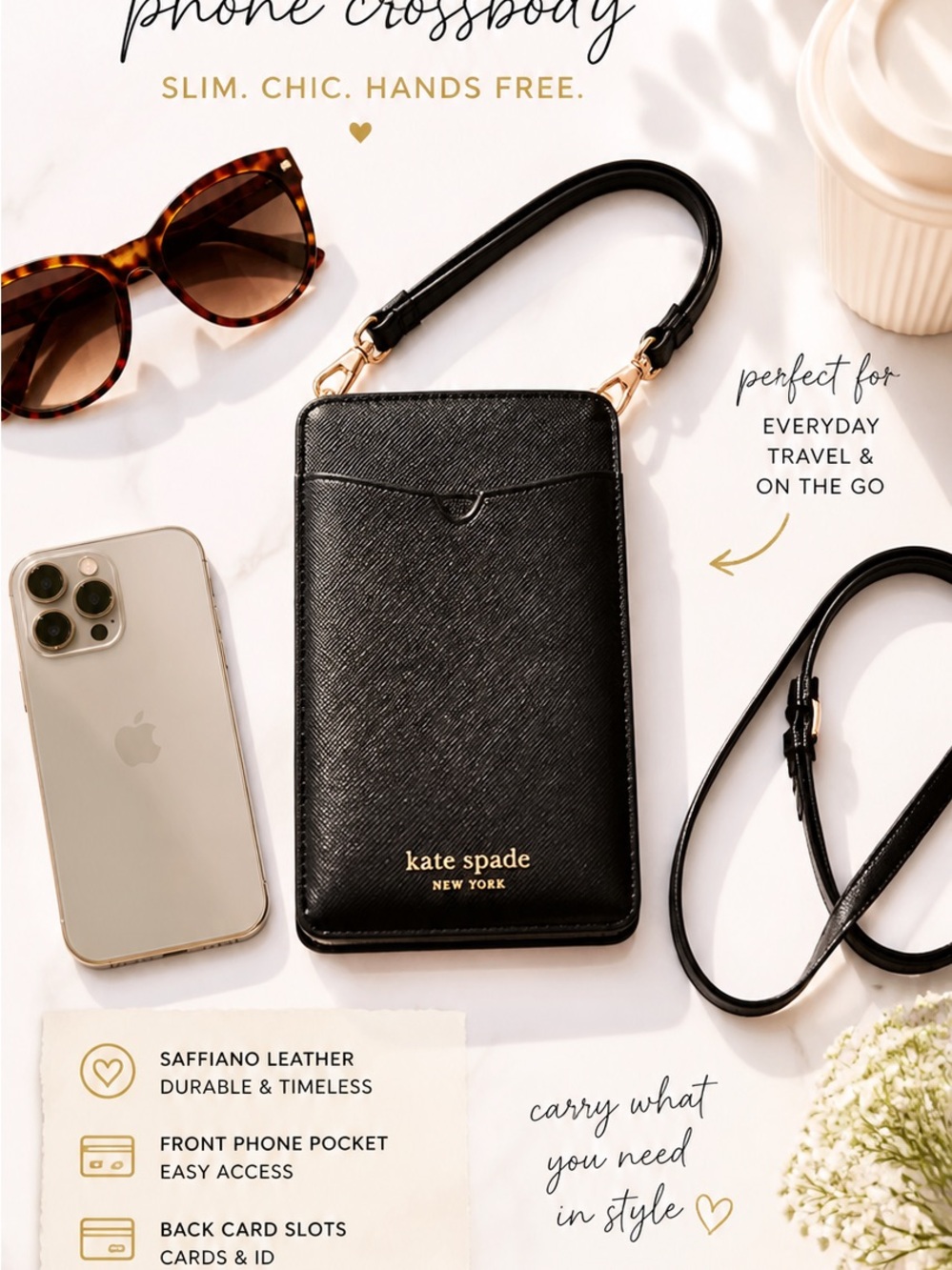kate spade Black Saffiano Crossbody Card Pocket Phone Pouch